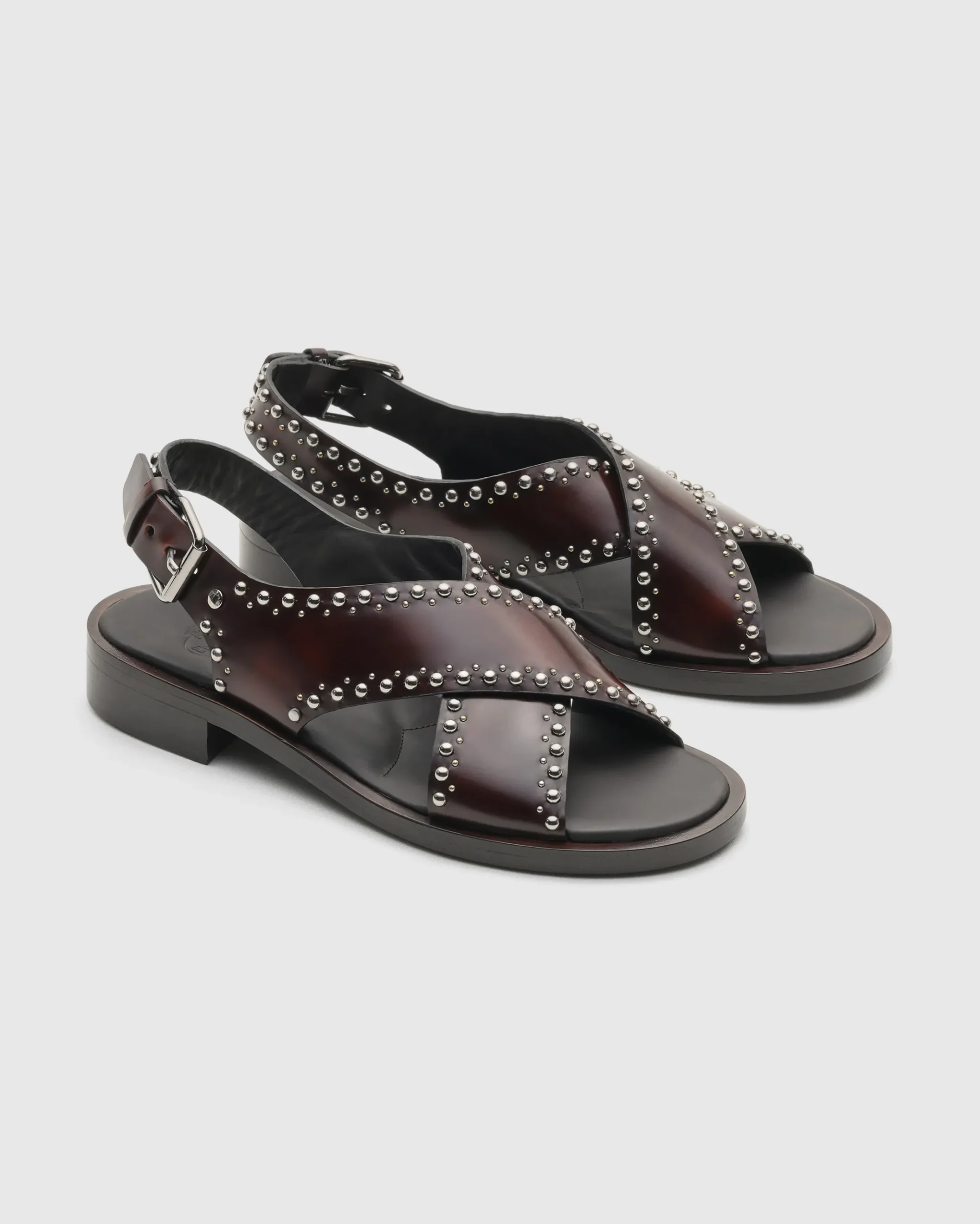 Remi - Polished Fumé Leather Sandal with Studs